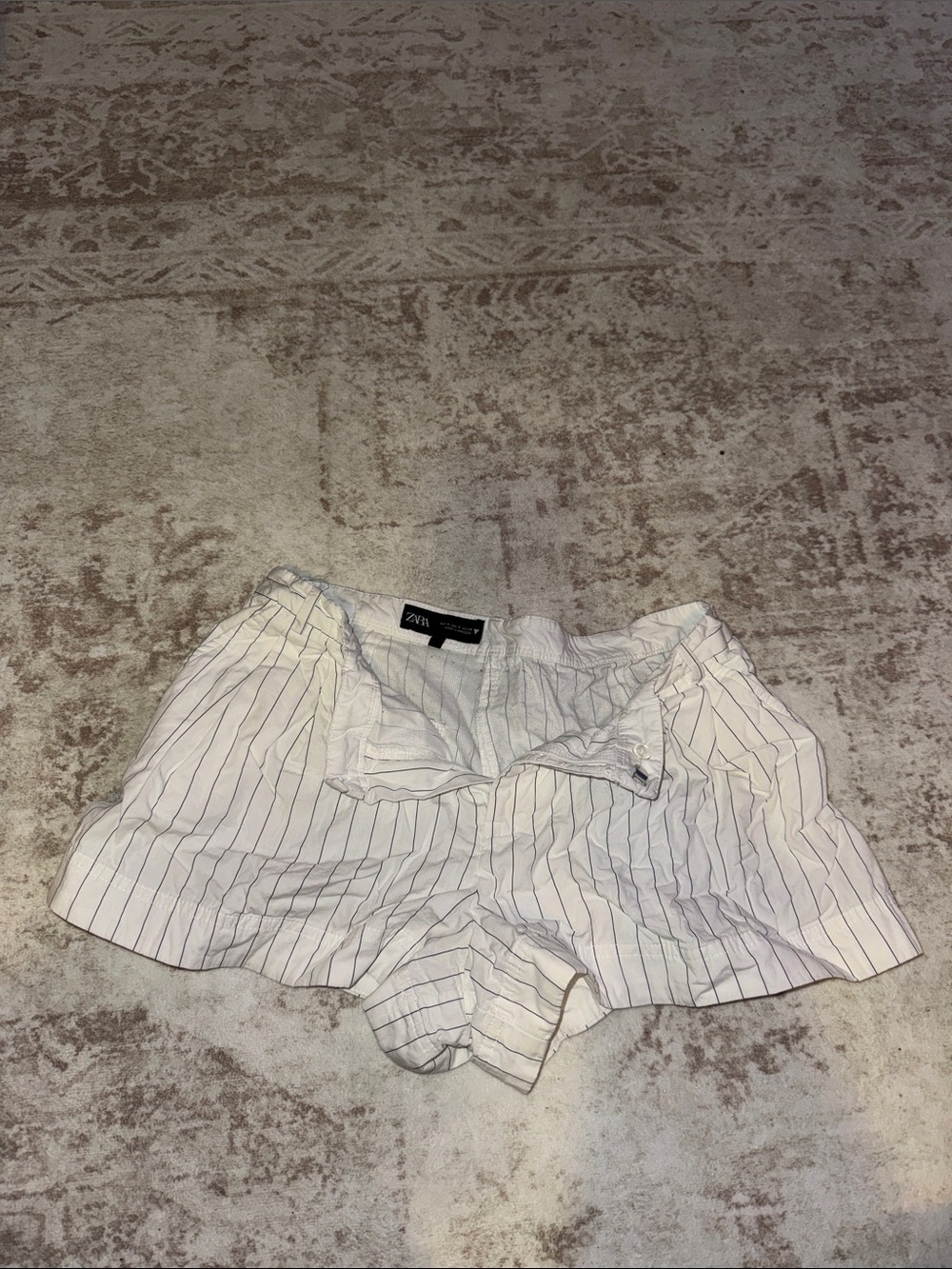 Zara White Shorts with Navy Pinstripes